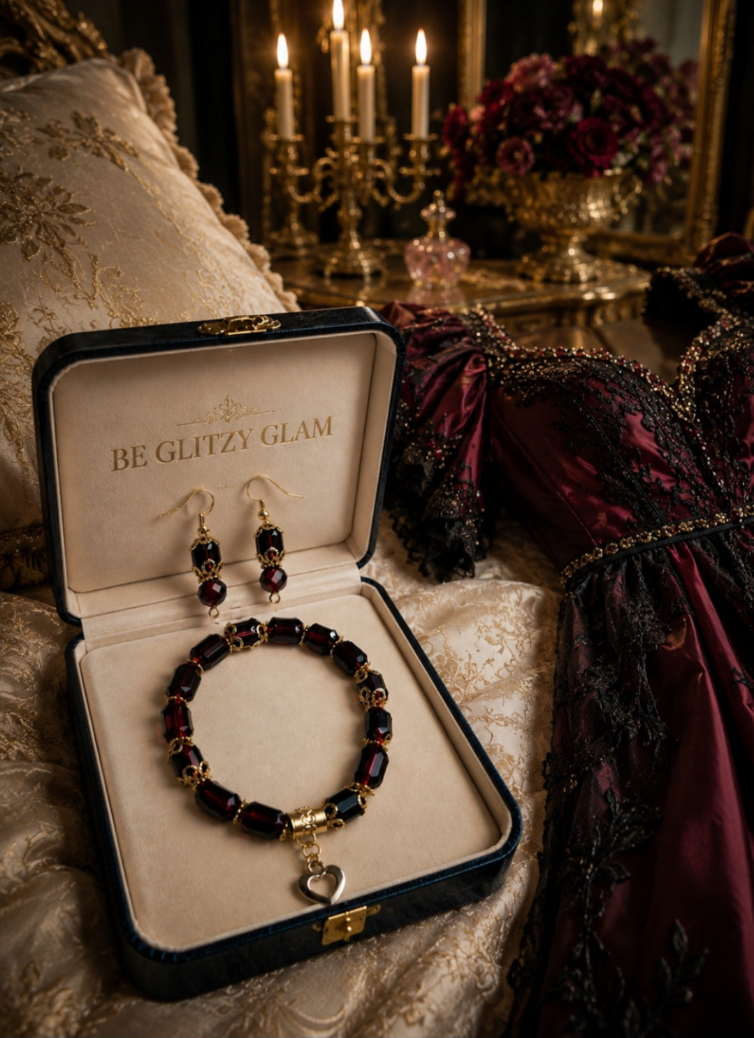 Garnet Elegance Bracelet & Earring Set – Be Glitzy Glam Collection