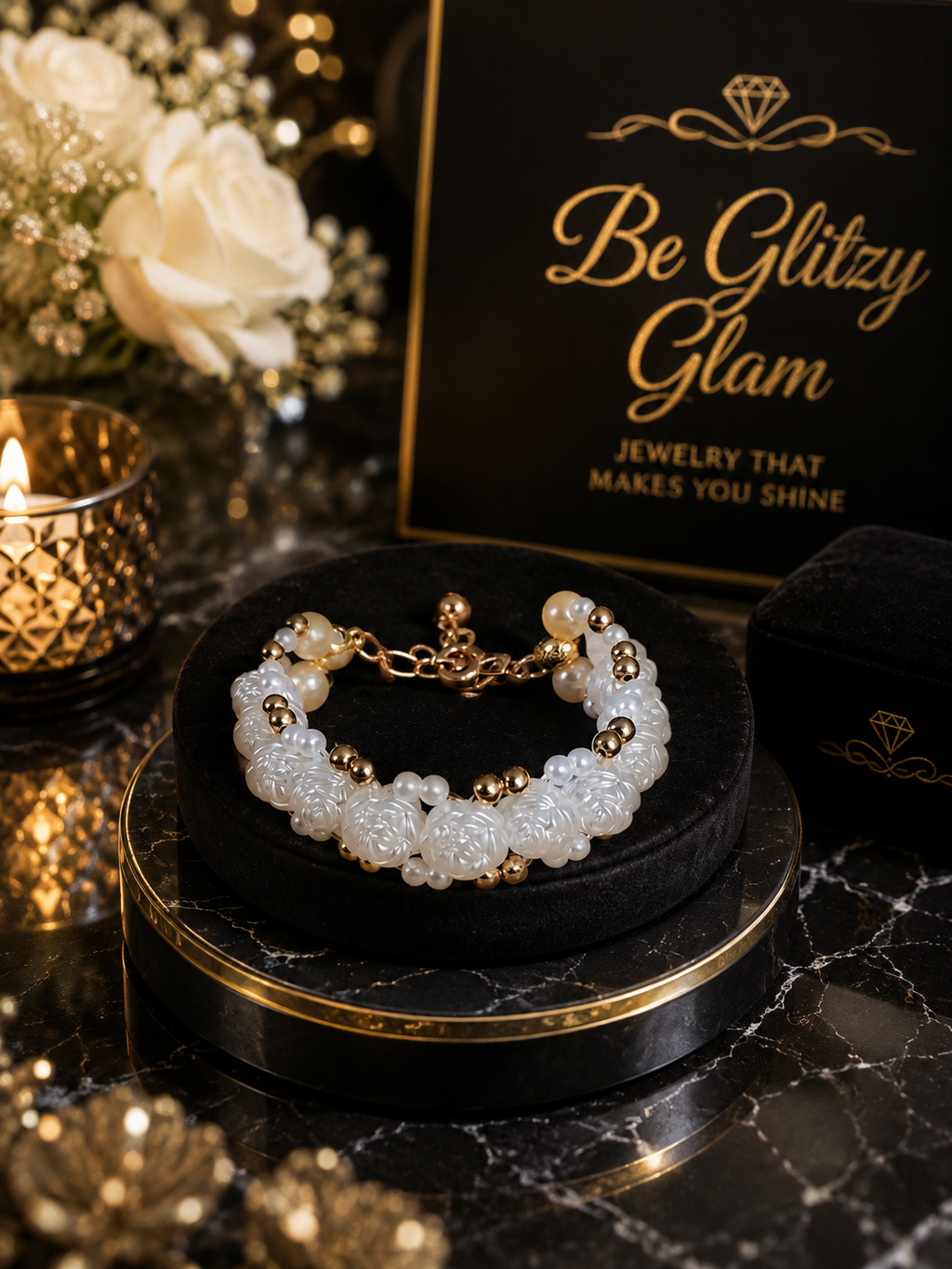 Pearl Blossom Garden Bracelet with carved floral beads and gold accents on a black velvet jewelry box