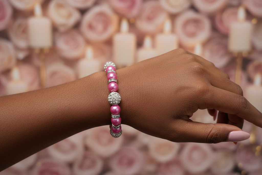 Young Black woman wearing the Magenta Pearl and Crystal Disco Bracelet on her wrist