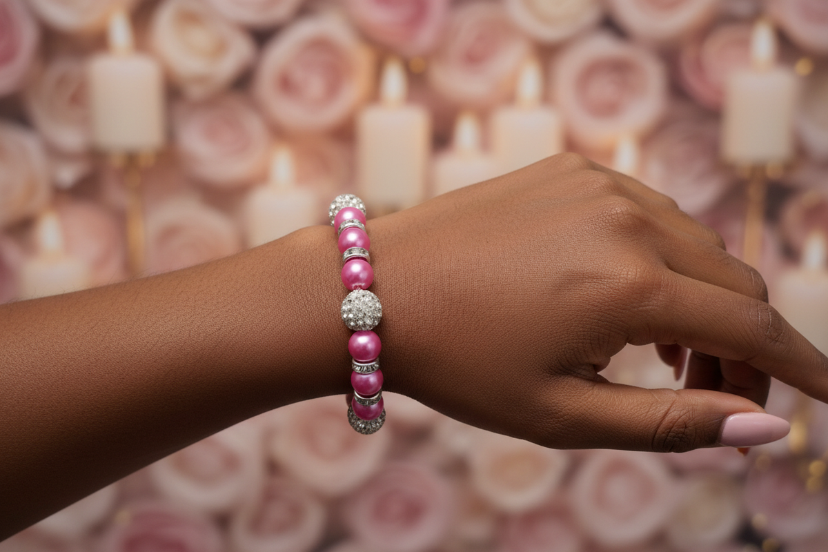 Young Black woman wearing the Magenta Pearl and Crystal Disco Bracelet on her wrist