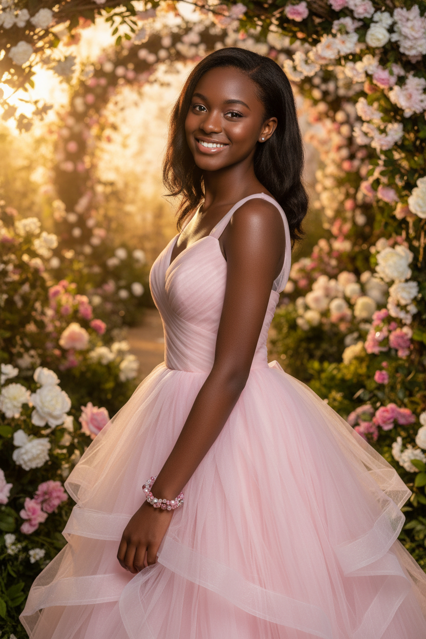 Black teenage girl in enchanted royal garden wearing pink crystal and pearl multi-strand princess bracelet