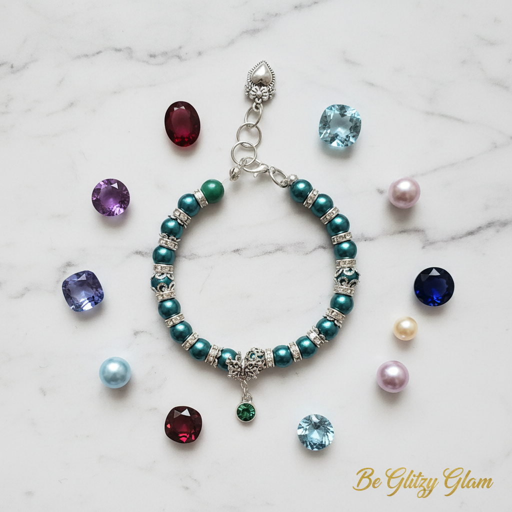 Birthstones and matching pearls flat lay