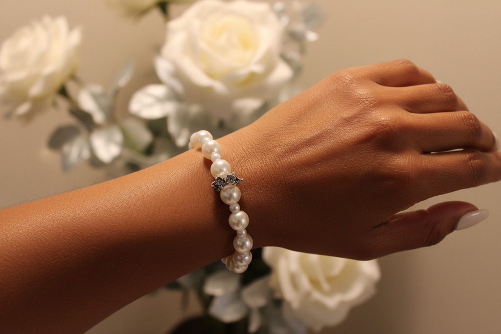 Middle-aged Black woman wearing the Moonlit Pearl and Silver Floral Bracelet on her wrist