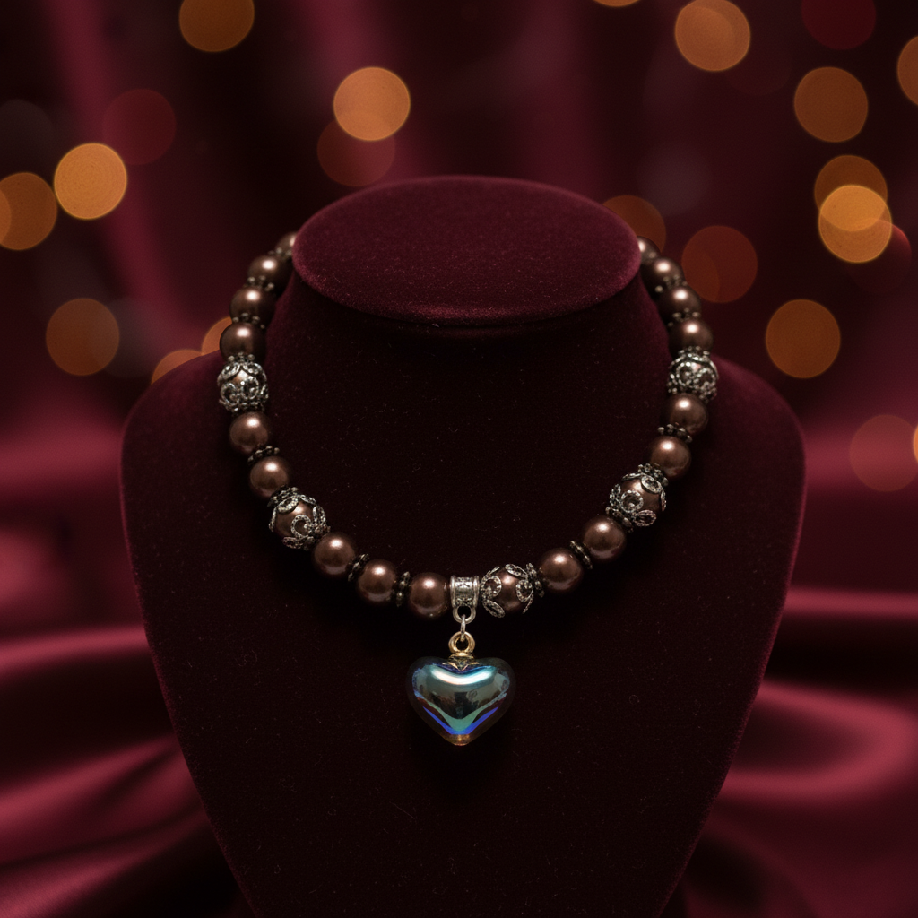 Brown pearl bracelet on dark velvet display with burgundy bokeh background