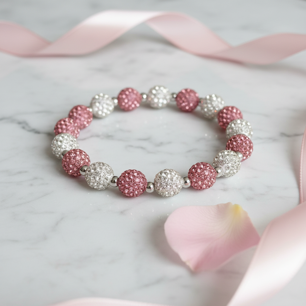 Pink and white crystal rhinestone disco ball bracelet on marble with rose petals