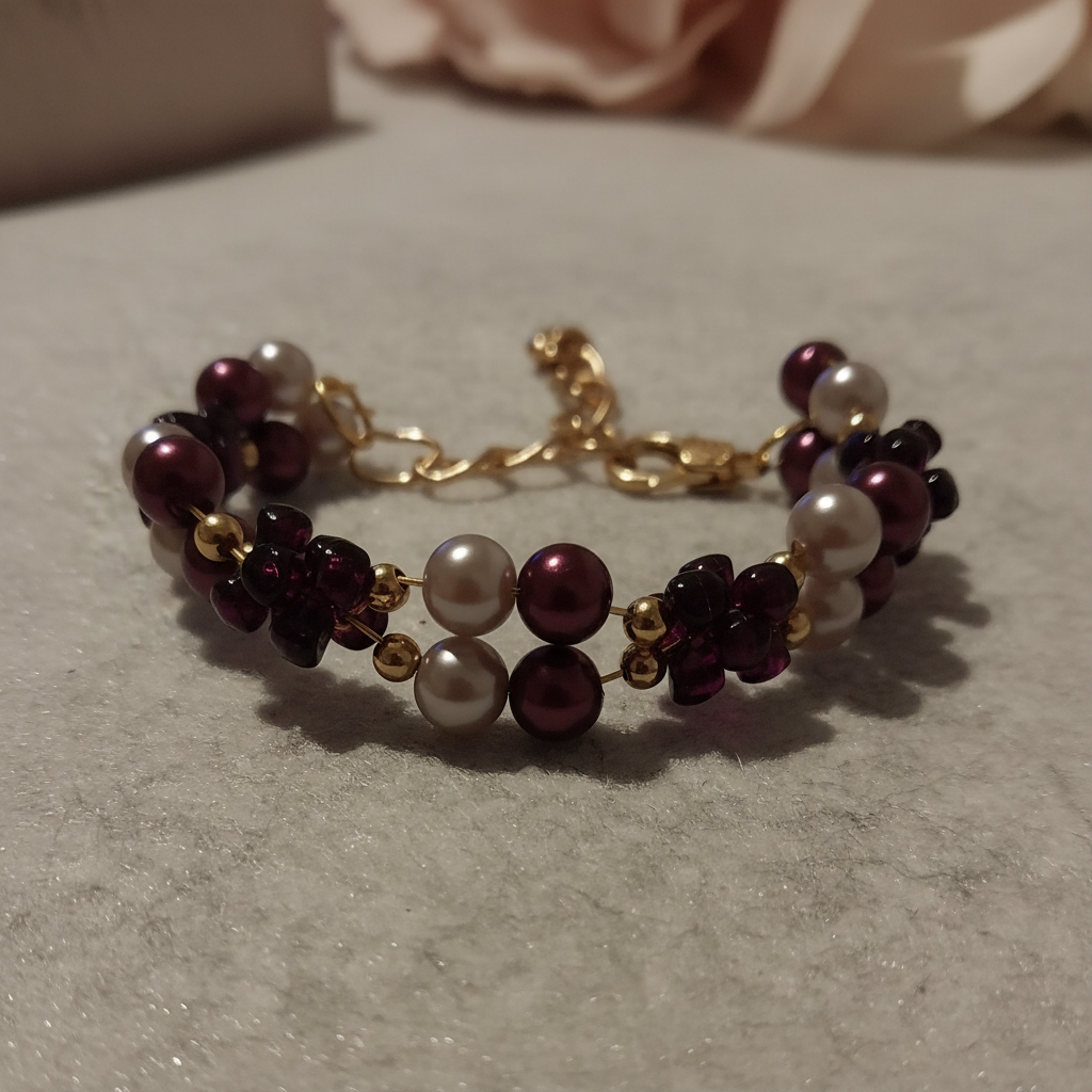 Close up macro of plum pearl and gold bracelet