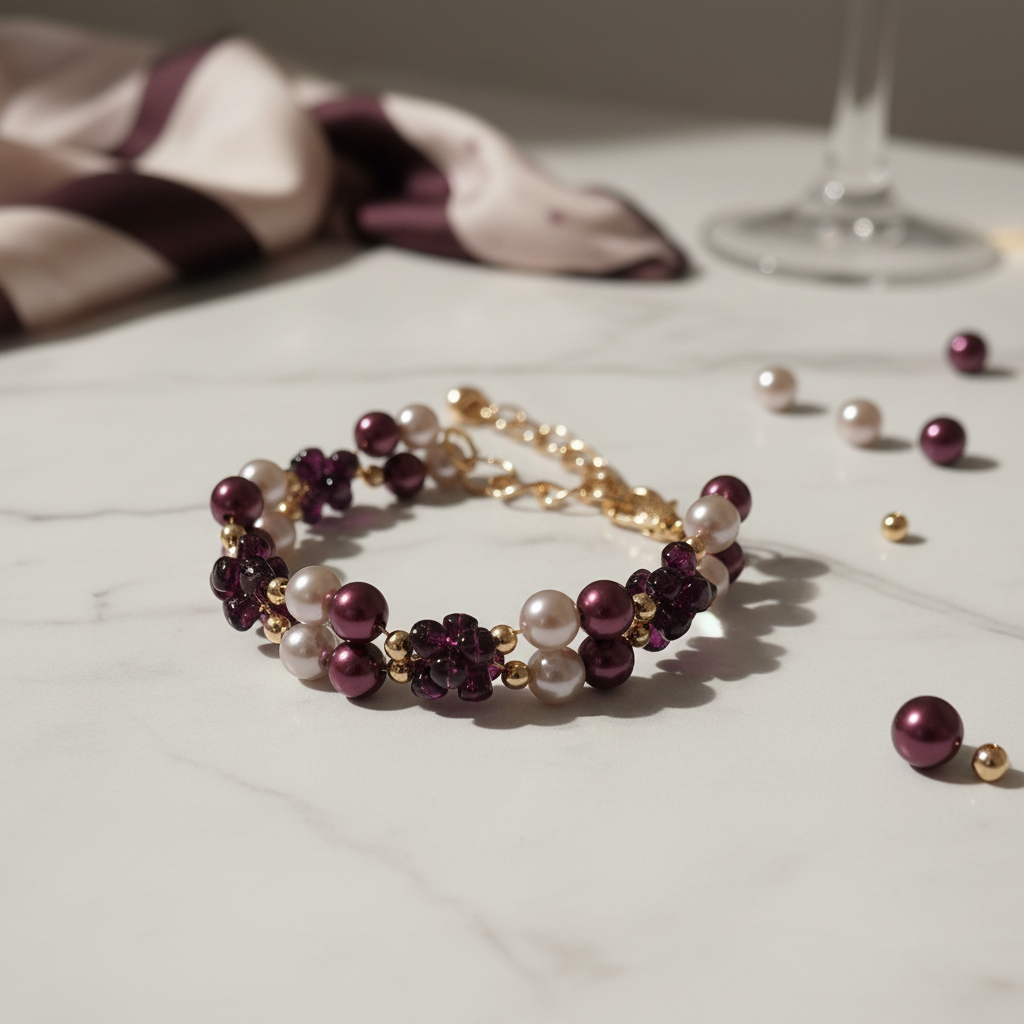 Plum pearl bracelet luxury product flat lay