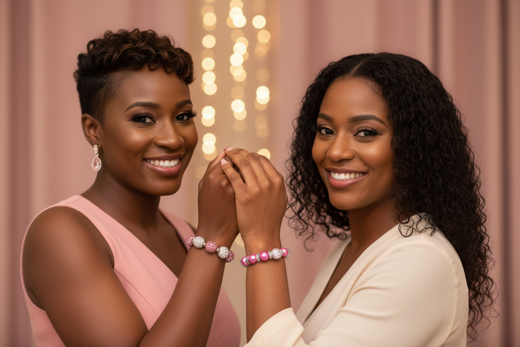 Two Black women friends smiling and showing their matching bracelets together
