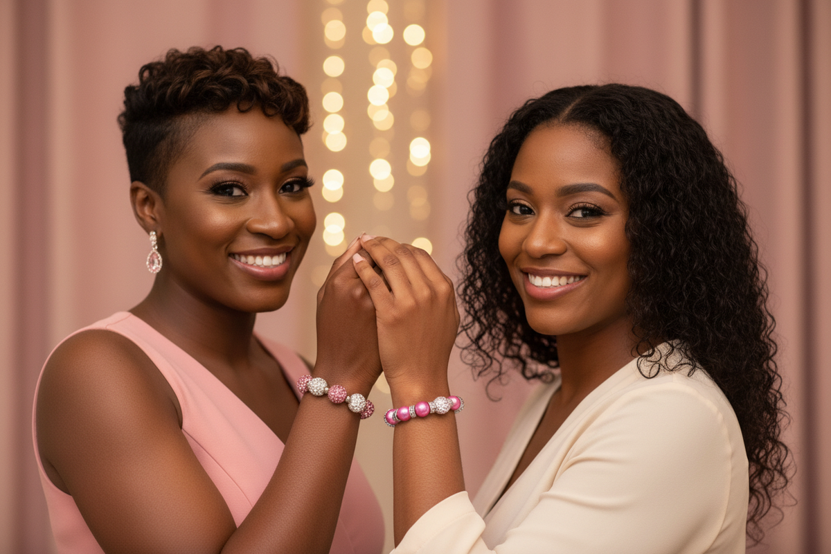 Two Black women friends smiling and showing their matching bracelets together