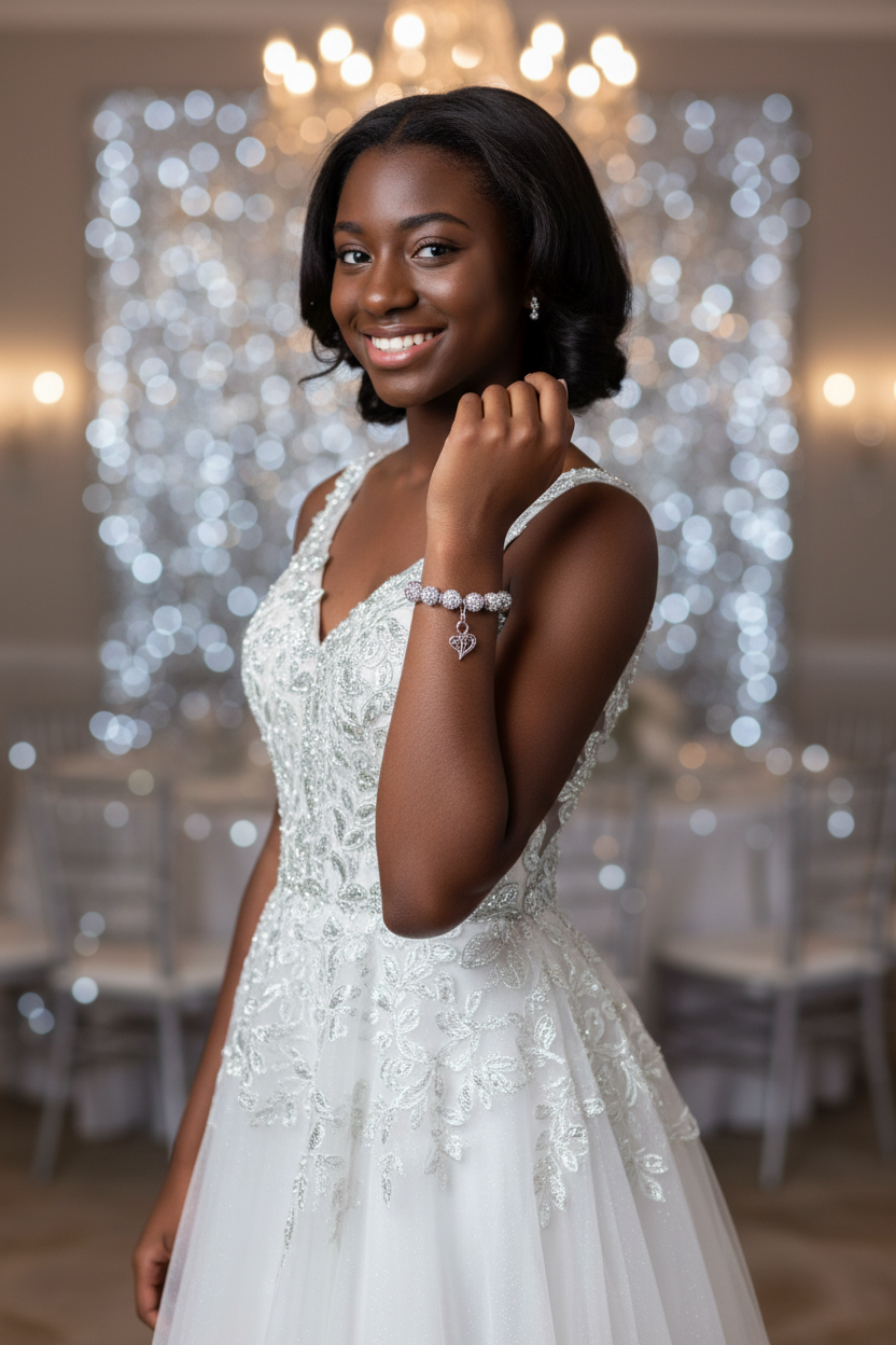 Black teenage girl wearing crystal rhinestone disco ball heart charm bracelet in glamorous setting