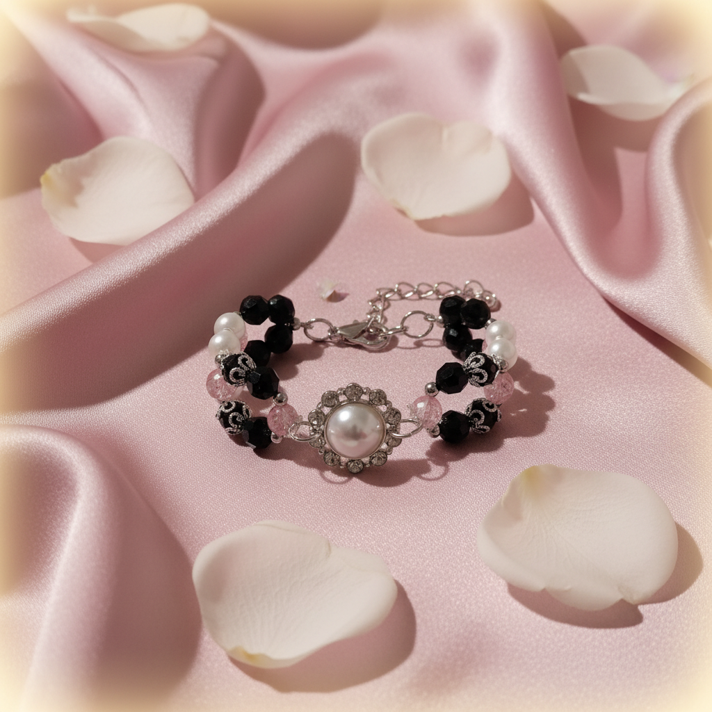 Pearl Floral Rhinestone Beaded Bracelet on elegant blush silk background with rose petals
