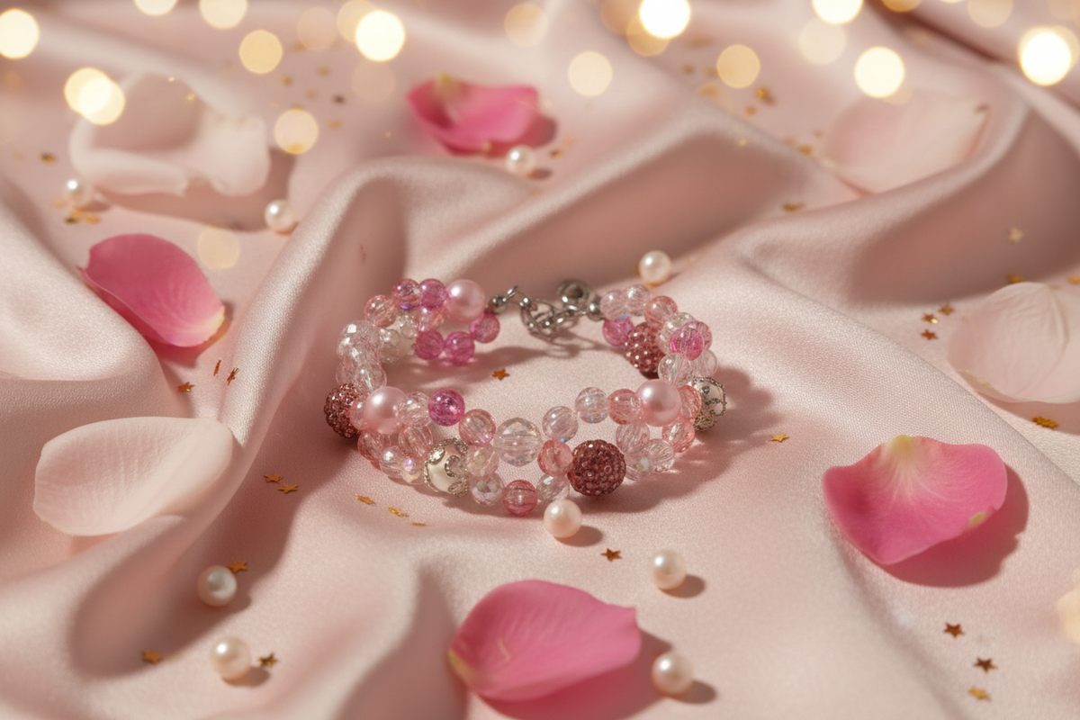 Pink crystal pearl princess bracelet on elegant blush satin background with rose petals