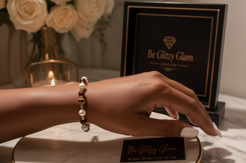 Light-skinned Black woman wearing the Crimson and Pearl Dusk Bracelet on her wrist with elegant burgundy and gold background