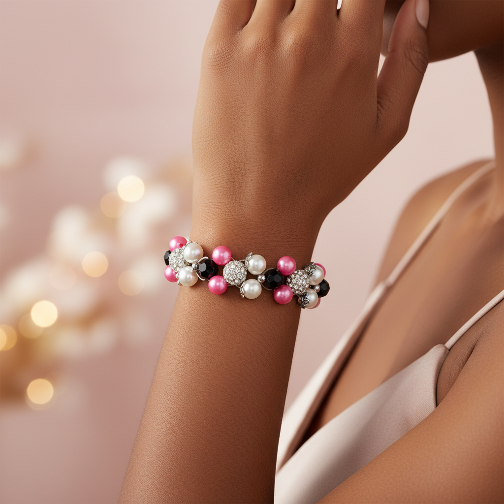 Hot Pink & White Pearl Bracelet worn on a young Black woman's wrist with an elegant blush background – Breast Cancer Awareness Collection by Be Glitzy Glam