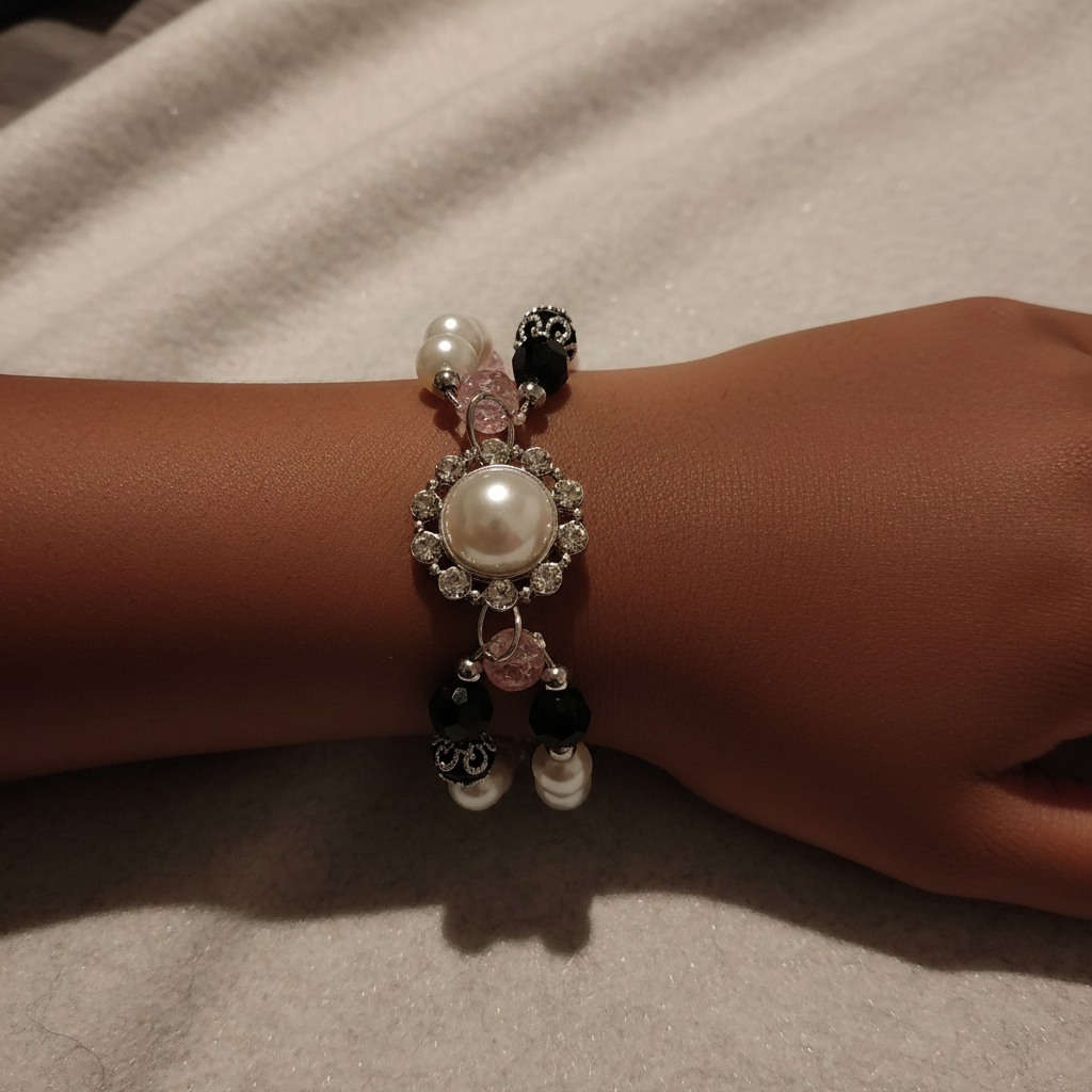 Young Black girl wearing Pearl Floral Rhinestone Beaded Bracelet