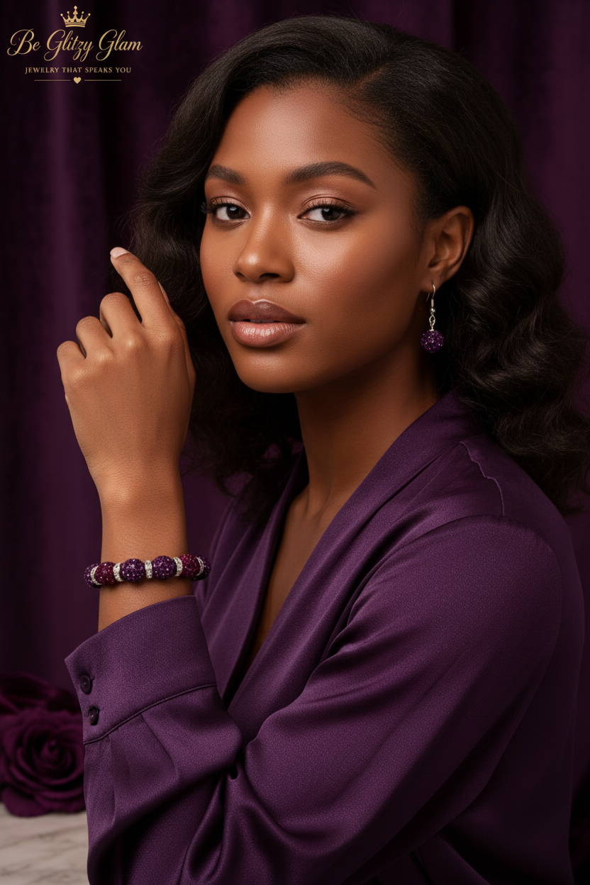 Young Black woman wearing purple crystal pavé bracelet and earring set