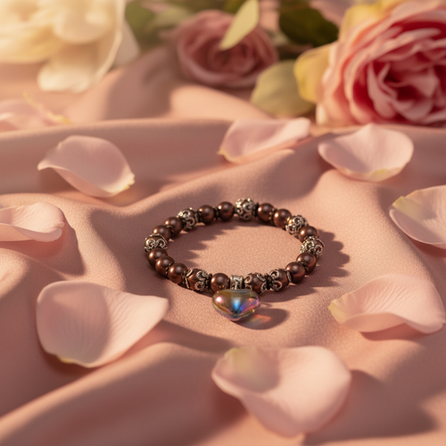 Brown pearl bracelet with heart charm on dusty rose silk with rose petals