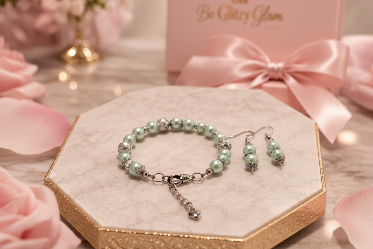 Mint green pearl and crystal rhinestone bracelet and earrings on marble tray with pink floral background