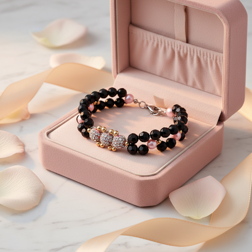 Crystal Pavé Glamour Bracelet in a luxurious blush velvet jewelry box – Breast Cancer Awareness Collection by Be Glitzy Glam
