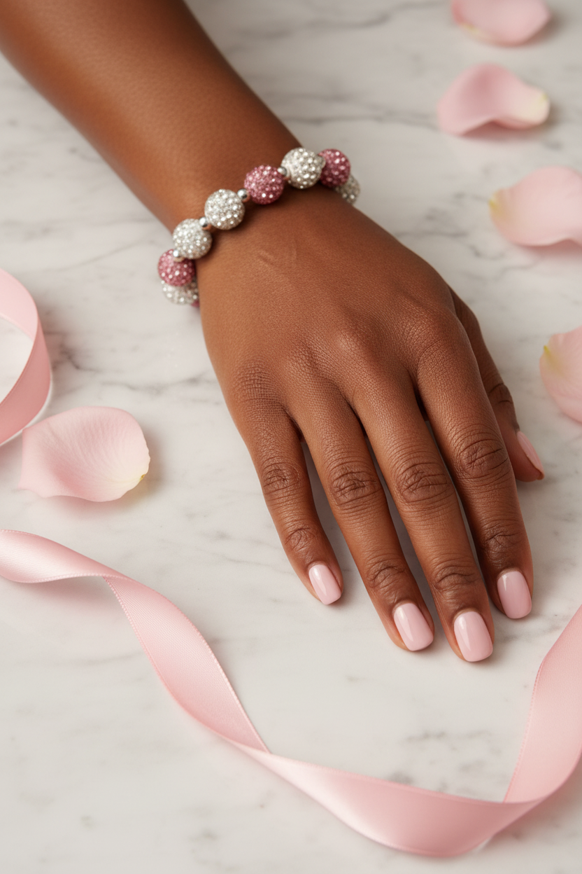 Black woman wearing pink and white crystal bracelet with marble backdrop
