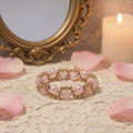 Blush Rose Pearl and Crystal Stack Bracelet on elegant romantic background with roses and candlelight