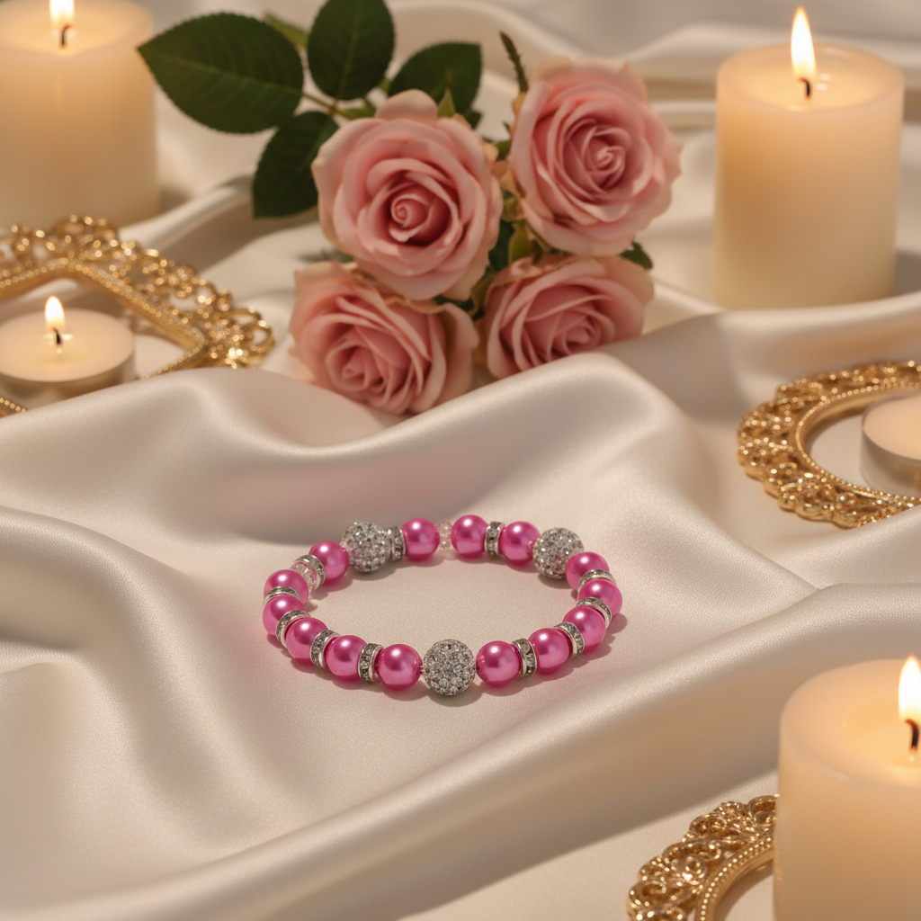 Magenta Pearl and Crystal Disco Bracelet on elegant romantic background