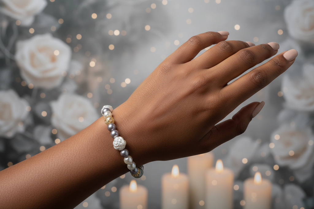 Young Black woman wearing the Silver Mist Pearl and Floral Bracelet Set on her wrist