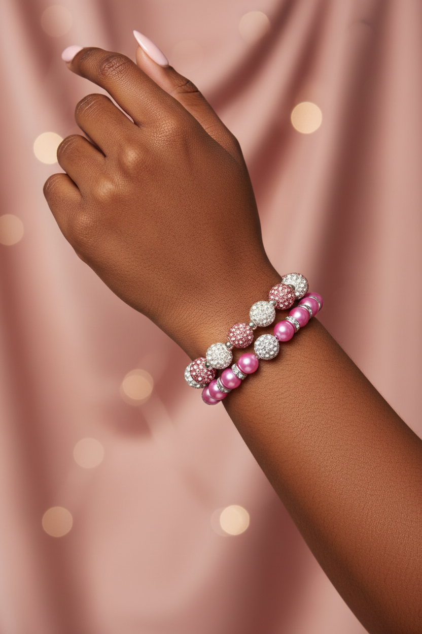 Black woman wearing both bracelets stacked on wrist against dusty rose background