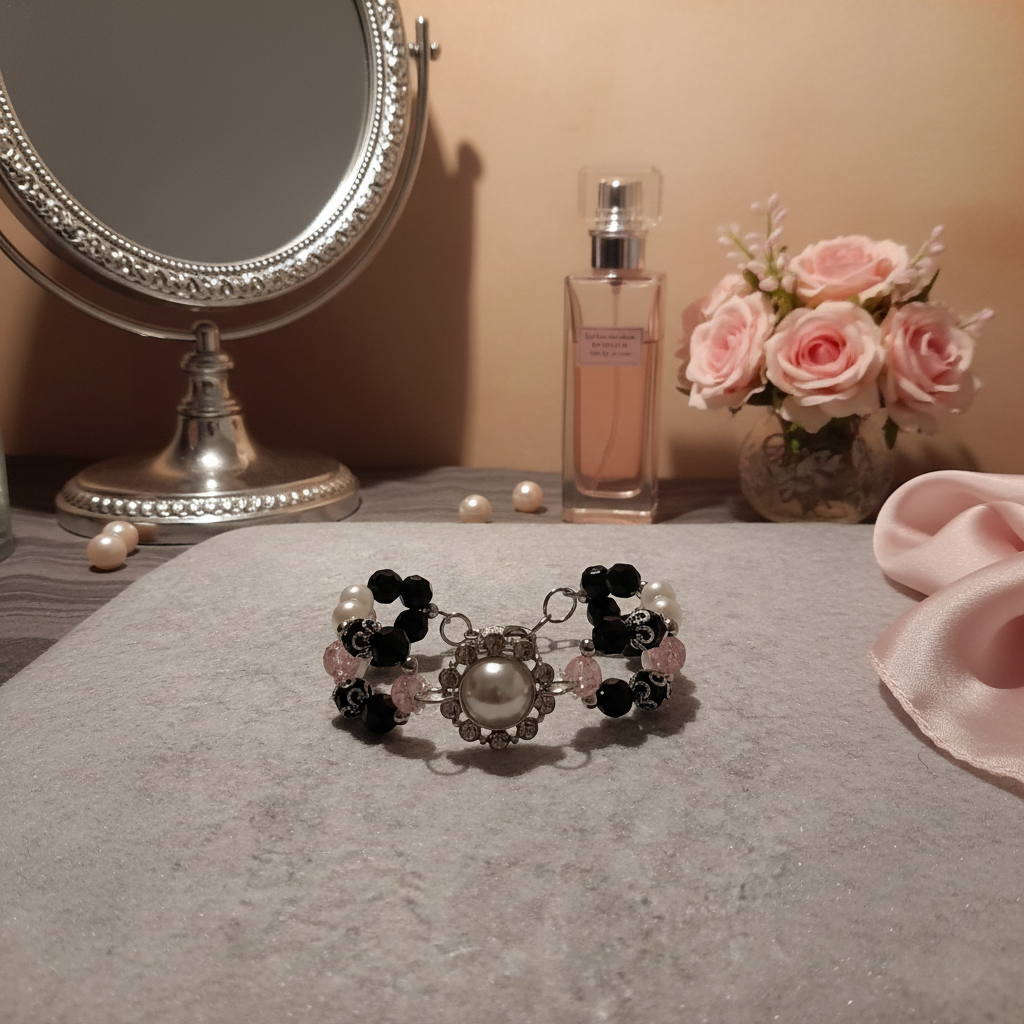 Pearl Floral Rhinestone Beaded Bracelet displayed on a vanity set