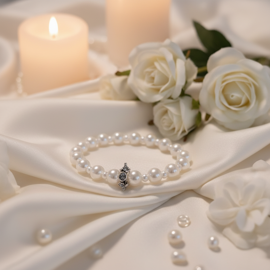 Moonlit Pearl and Silver Floral Bracelet on elegant white rose background