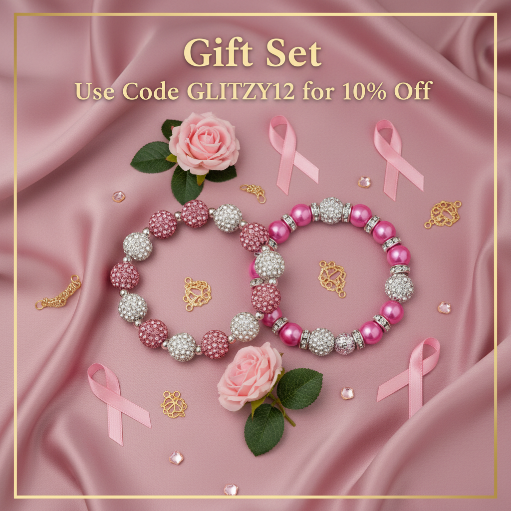 Survivor and Supporter Bracelet Gift Set flat lay with pink roses and satin ribbon