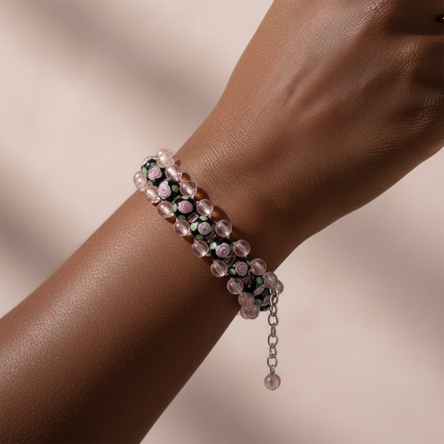 Black Rose Garden Bracelet worn on a plus size Black woman's wrist – Breast Cancer Awareness Collection by Be Glitzy Glam