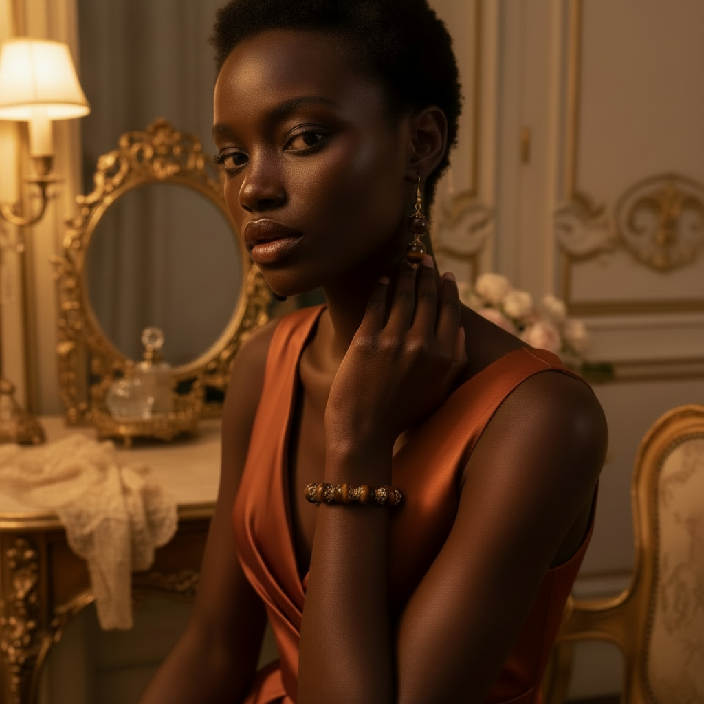 Tiger's Eye Bracelet and Earrings Set worn by a woman – Timeless Elegance by Be Glitzy Glam