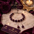 Purple crystal pavé bracelet and earring set on marble surface