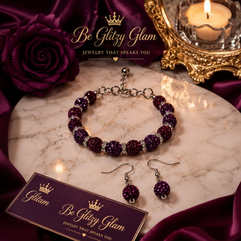 Purple crystal pavé bracelet and earring set on marble surface