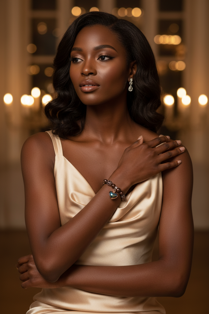 Elegant Black woman wearing brown pearl bracelet with iridescent heart charm — lifestyle photo