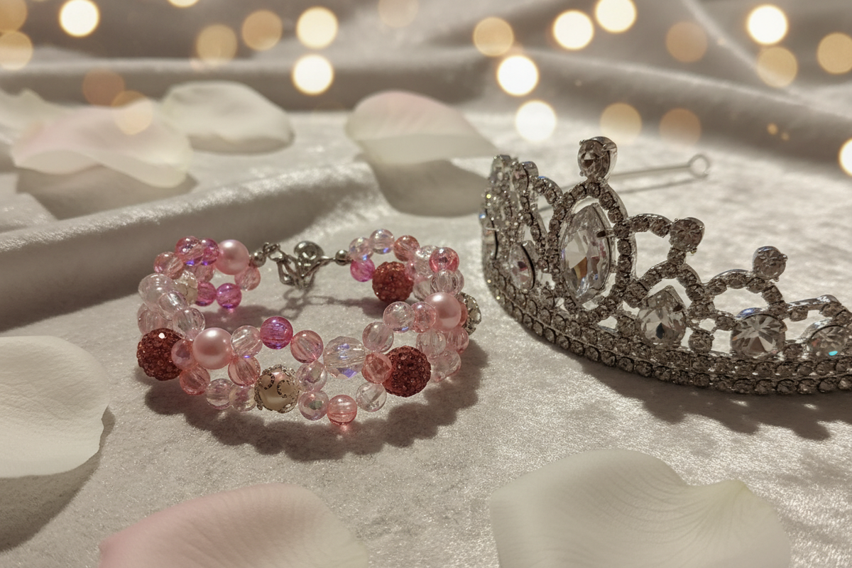 Pink crystal and pearl princess bracelet laying next to a sparkling crystal tiara on ivory velvet with rose petals