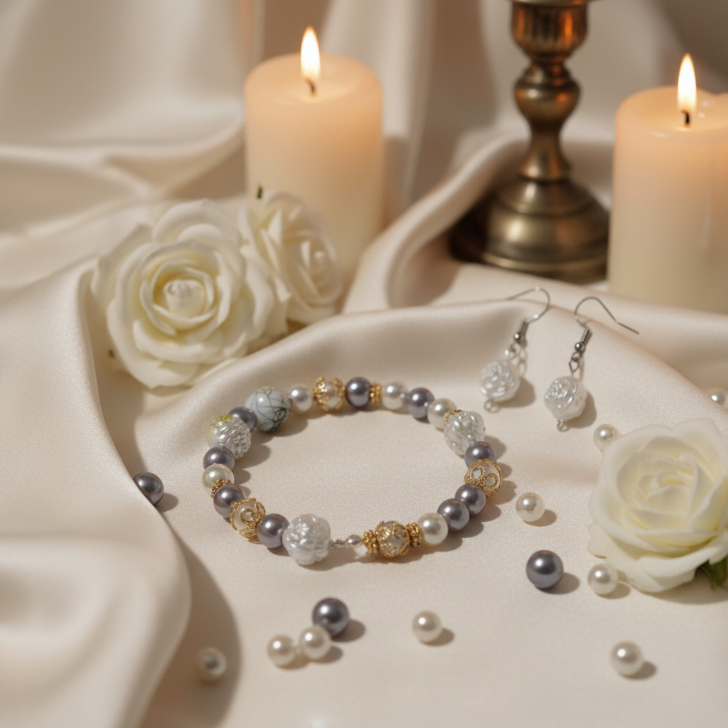 Silver Mist Pearl and Floral Bracelet Set on elegant grey and gold background with white roses