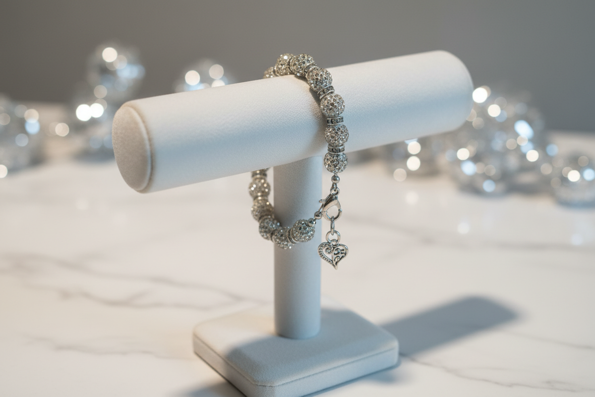 Crystal rhinestone disco ball heart charm bracelet on elegant ivory display stand