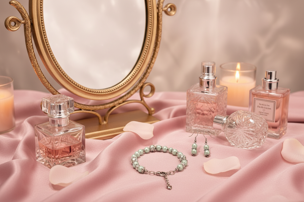 Mint green pearl crystal bracelet and earrings displayed on luxury feminine vanity set