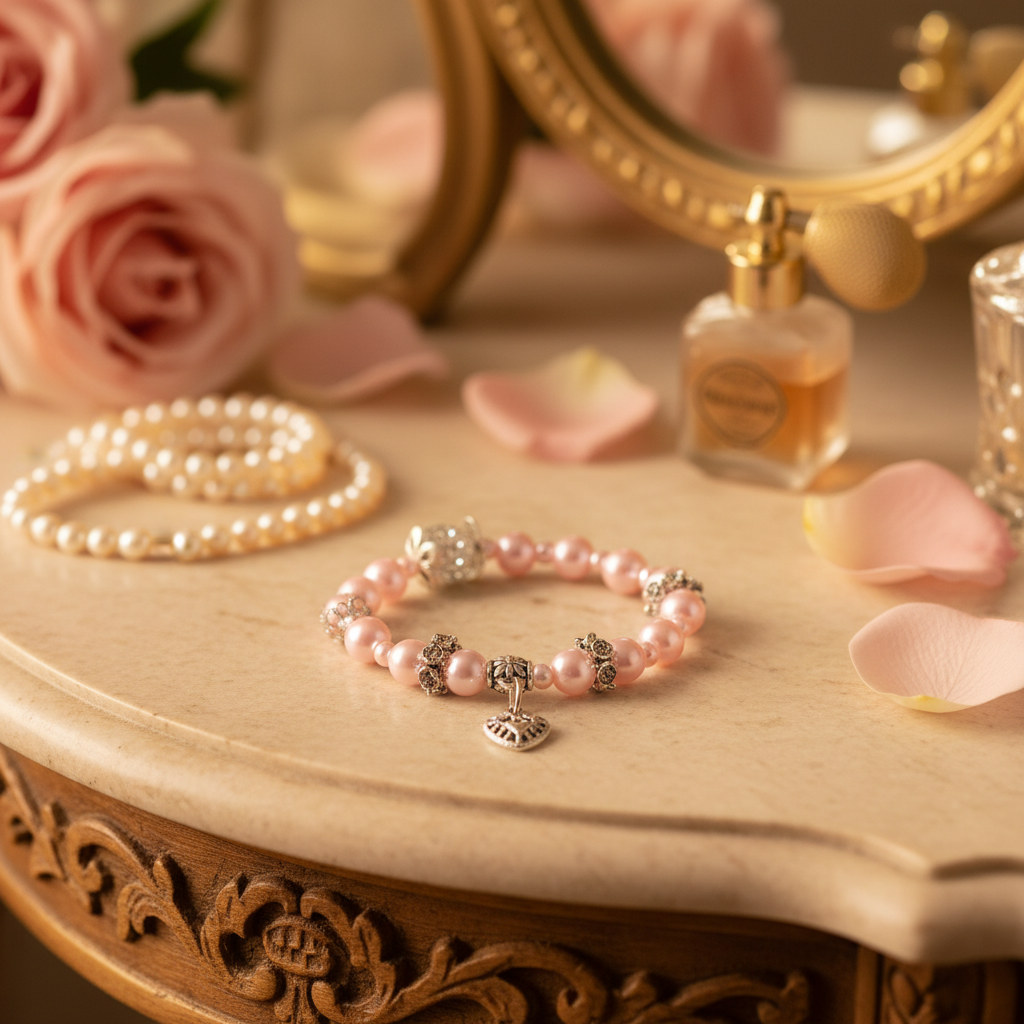 Pink Pearl Heart Charm Bracelet laid on an elegant vanity – Breast Cancer Awareness Collection by Be Glitzy Glam