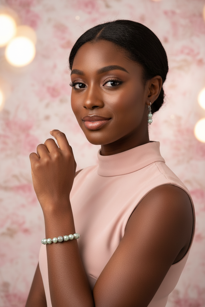 Young woman wearing mint green pearl crystal bracelet and earrings in elegant pink setting